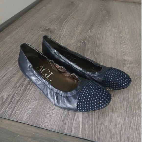 AGL Blakely Dark Navy Leather Studded Ballet Flats Size EU 40 - Picture 1 of 7